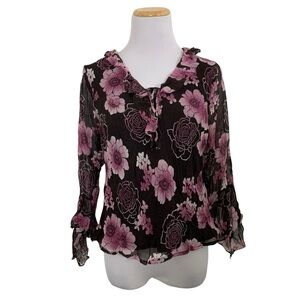 Vintage Y2K Separates Silk Floral Angel Wing Blouse Women’s Petite L Pink Brown